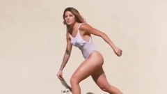 音乐短片 - 运动少女透视装热裤出街 滑板遮胸海滩秀身材